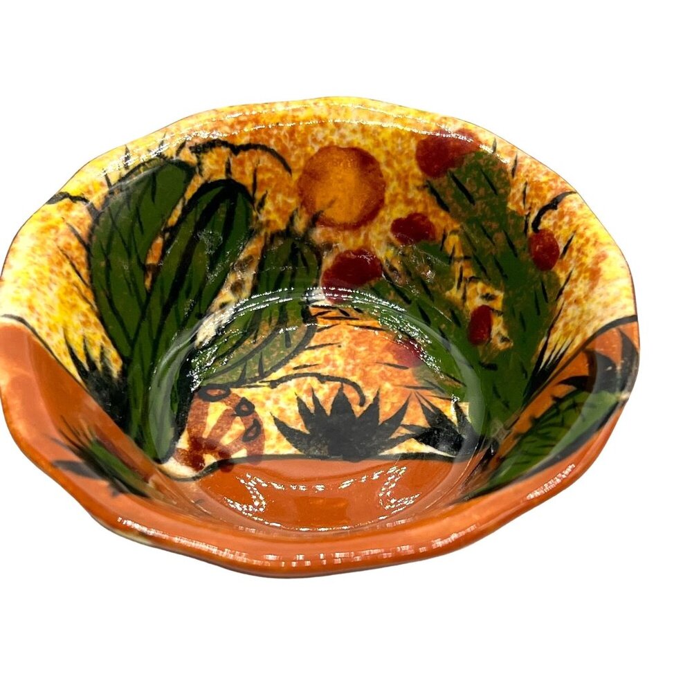 Vintage Hand-Painted Mexican Pottery Bowl Vibrant Calavera Desert Scene 5.5" Dia